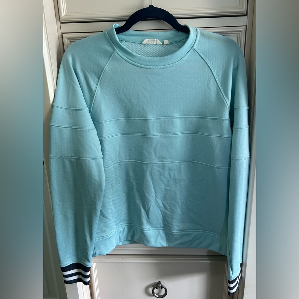 🛍️Cotopaxi Aqua Blue Lightweight Sweatshirt W/Stylish Navy Striped Sleeves SMALL